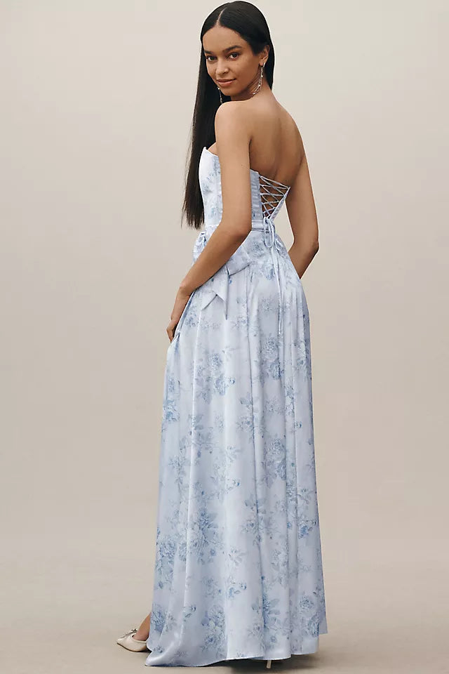 Romantic A-Line Sweetheart Strapless Floral-Print Up Floor-Length Prom Dress with Slit