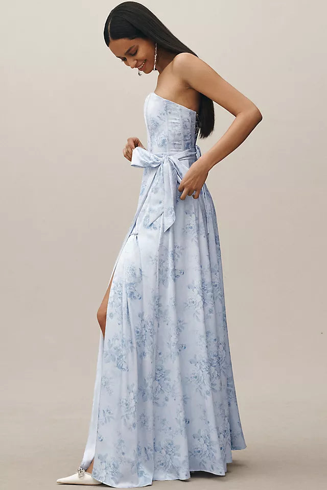 Romantic A-Line Sweetheart Strapless Floral-Print Up Floor-Length Prom Dress with Slit