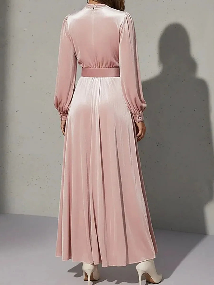 Blush Pink Romantic A-Line V-Neck Long Sleeve Blush Maxi Prom Dress for Women Hot Sale