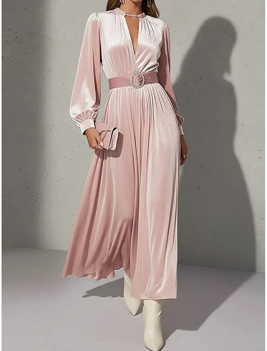 Blush Pink Romantic A-Line V-Neck Long Sleeve Blush Maxi Prom Dress for Women Hot Sale