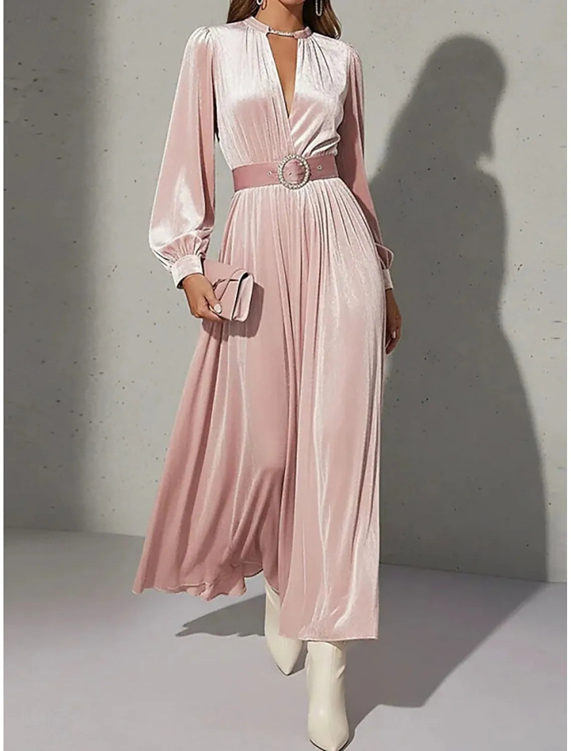 Blush Pink Romantic A-Line V-Neck Long Sleeve Blush Maxi Prom Dress for Women Hot Sale