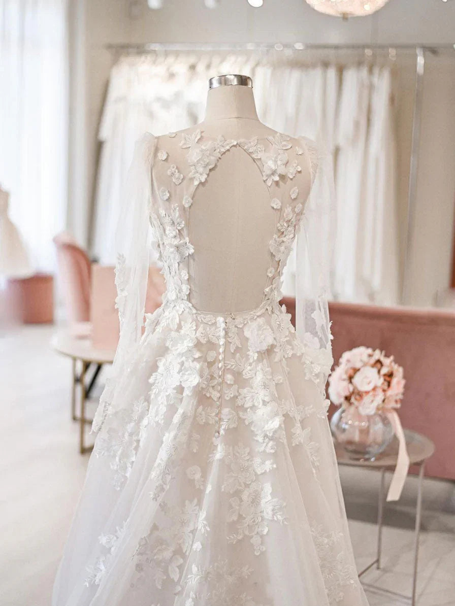 Ivory Romantic A-Line V-Neck Long Sleeve 3D-Floral Wedding Dress