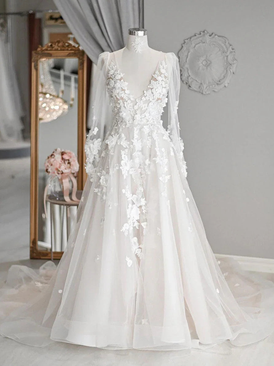 Ivory Romantic A-Line V-Neck Long Sleeve 3D-Floral Wedding Dress