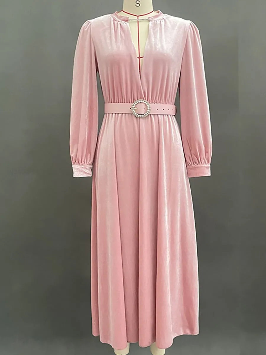 Blush Pink Romantic A-Line V-Neck Long Sleeve Blush Maxi Prom Dress for Women Hot Sale