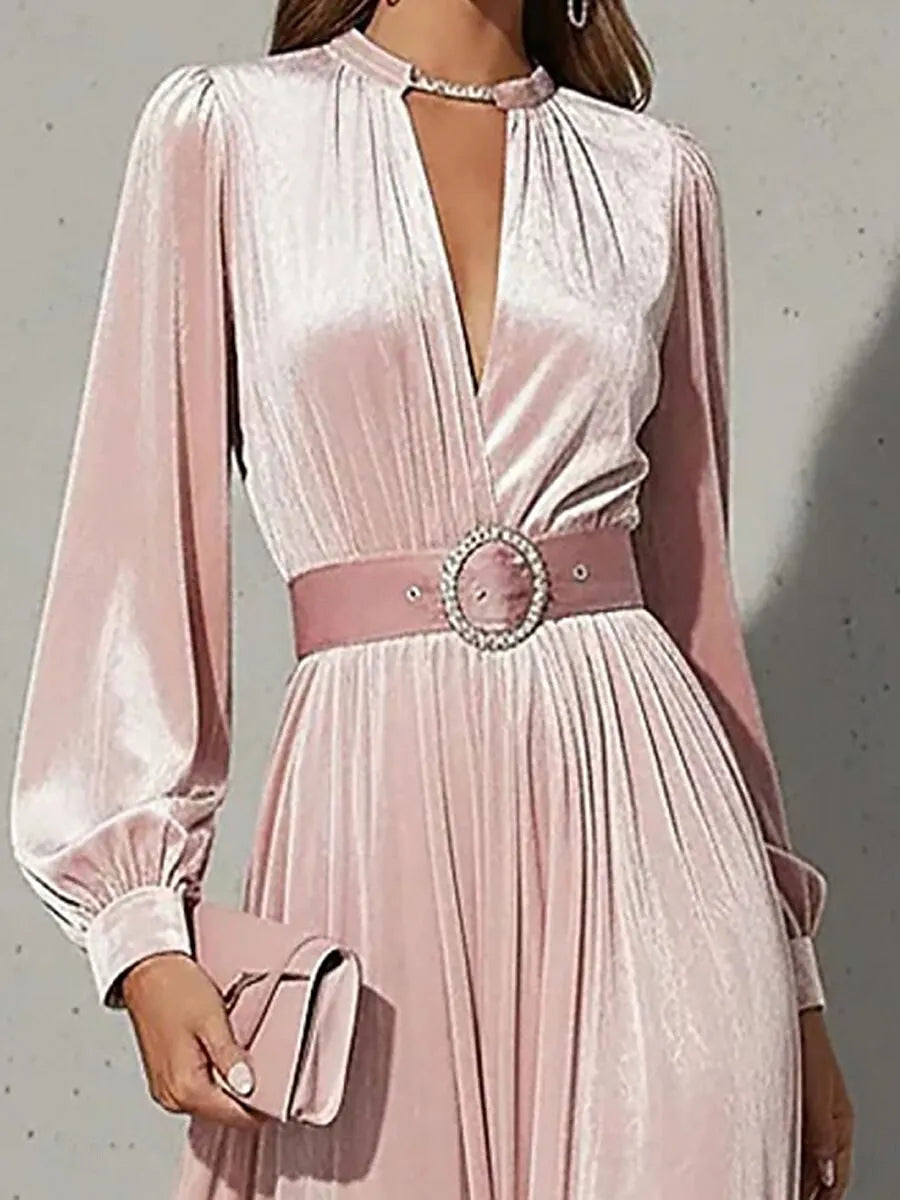 Blush Pink Romantic A-Line V-Neck Long Sleeve Blush Maxi Prom Dress for Women Hot Sale