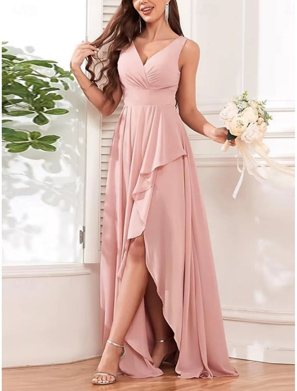 Blush Pink Romantic A-Line V-Neck Sleeveless Ruffled Blush Maxi Prom Dress