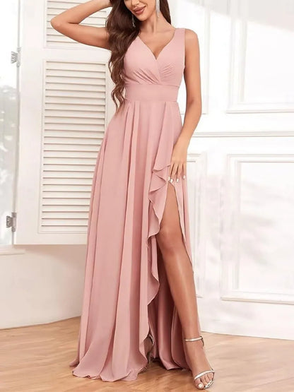 Romantic Pink Ruffled A-Line V-Neck Sleeveless Classic-Back Floor-Length Prom Dress