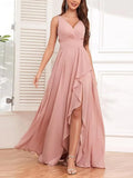 Blush Pink Romantic A-Line V-Neck Sleeveless Ruffled Blush Maxi Prom Dress