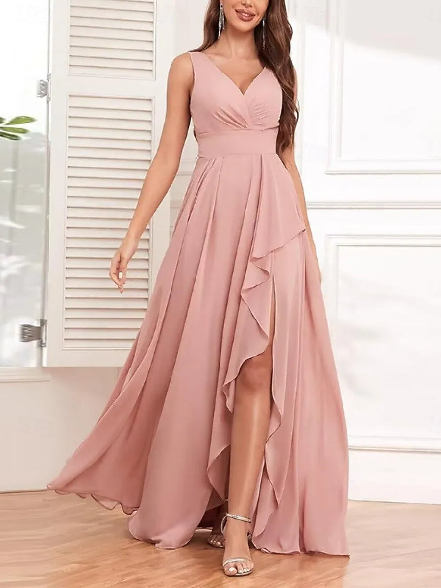 Blush Pink Romantic A-Line V-Neck Sleeveless Ruffled Blush Maxi Prom Dress