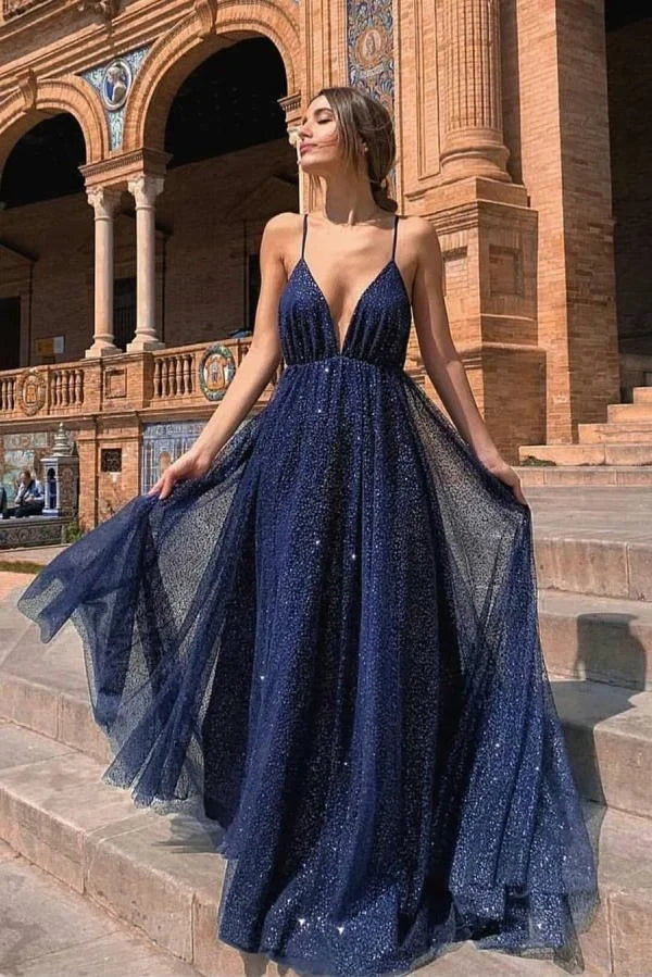 Navy Blue Romantic A-Line V-Neck Spaghetti Strap Maxi Prom Dress