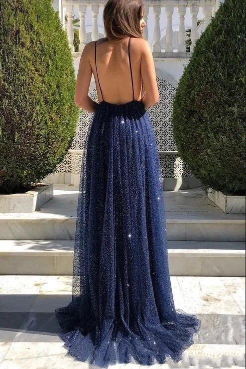 Navy Blue Romantic A-Line V-Neck Spaghetti Strap Maxi Prom Dress