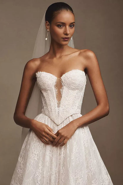 Romantic Lace A-Line V-Neck Sleeveless Lace-Up-Back Floor-Length Wedding Dress