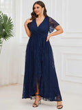 Romantic A-Line V Neck Short Sleeve Ruffled Floral Floor-Length Plus-Size Prom Dresses