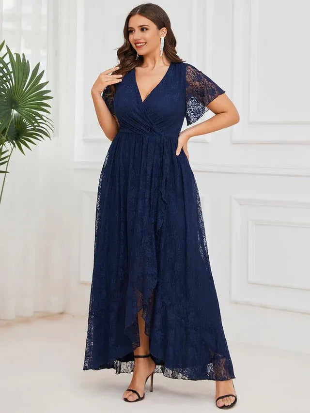 Romantic A-Line V Neck Short Sleeve Ruffled Floral Floor-Length Plus-Size Prom Dresses