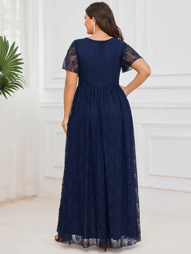 Romantic A-Line V Neck Short Sleeve Ruffled Floral Floor-Length Plus-Size Prom Dresses