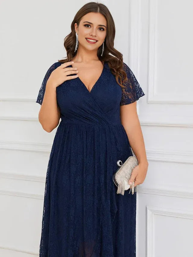 Romantic A-Line V Neck Short Sleeve Ruffled Floral Floor-Length Plus-Size Prom Dresses