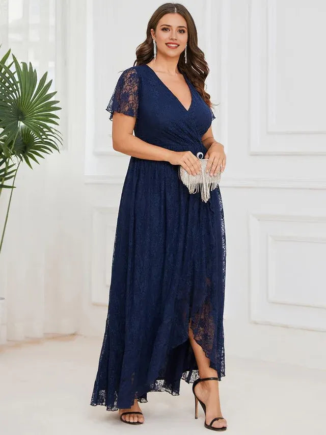 Romantic A-Line V Neck Short Sleeve Ruffled Floral Floor-Length Plus-Size Prom Dresses