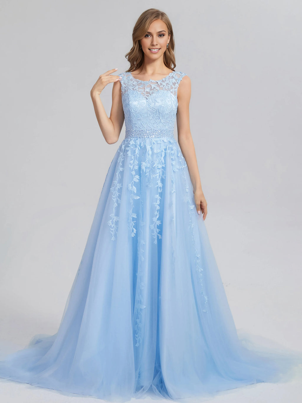 Special Occasion Sophisticated Graceful Stylish Elegant Light Blue Lace A-Line Sleeveless Prom Dress