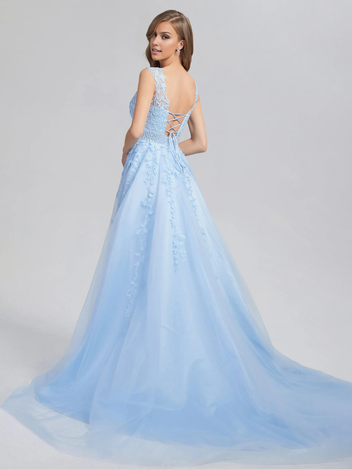 Special Occasion Sophisticated Graceful Stylish Elegant Light Blue Lace A-Line Sleeveless Prom Dress