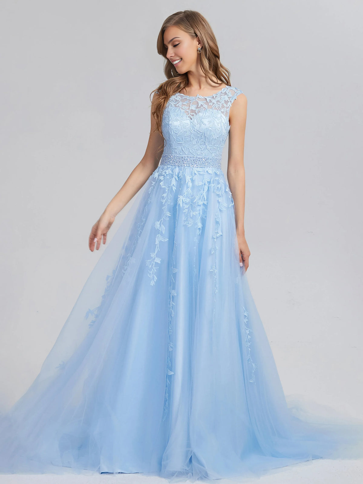Special Occasion Sophisticated Graceful Stylish Elegant Light Blue Lace A-Line Sleeveless Prom Dress