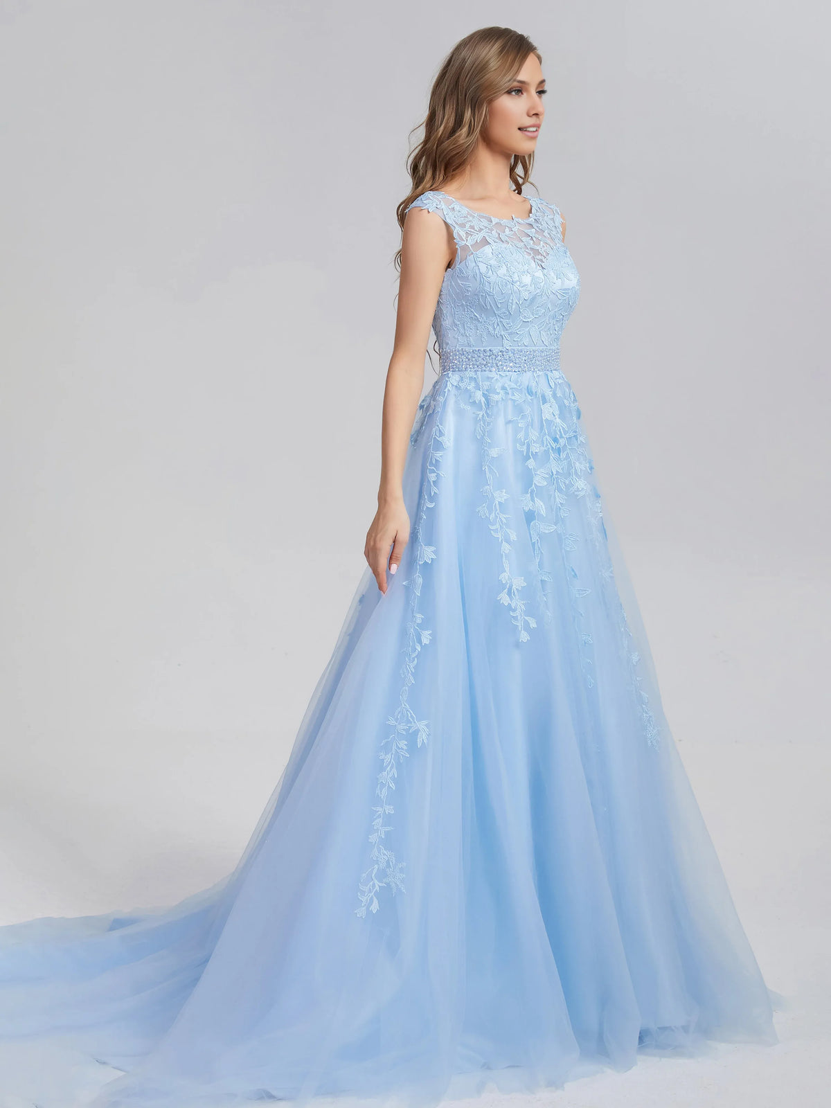 Special Occasion Sophisticated Graceful Stylish Elegant Light Blue Lace A-Line Sleeveless Prom Dress