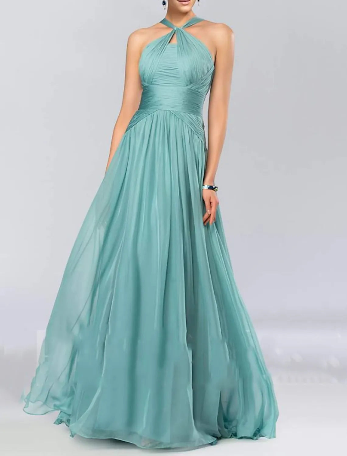 Sage Green Romantic A-line Halter Neck Sleeveless Ruched Maxi Prom Dress