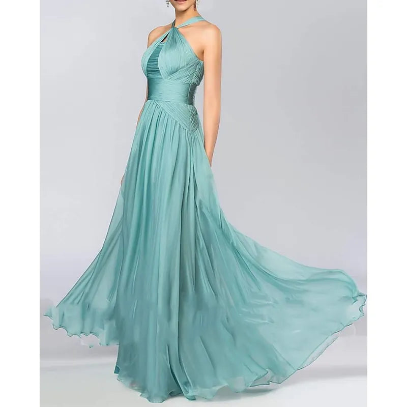 Sage Green Romantic A-line Halter Neck Sleeveless Ruched Maxi Prom Dress