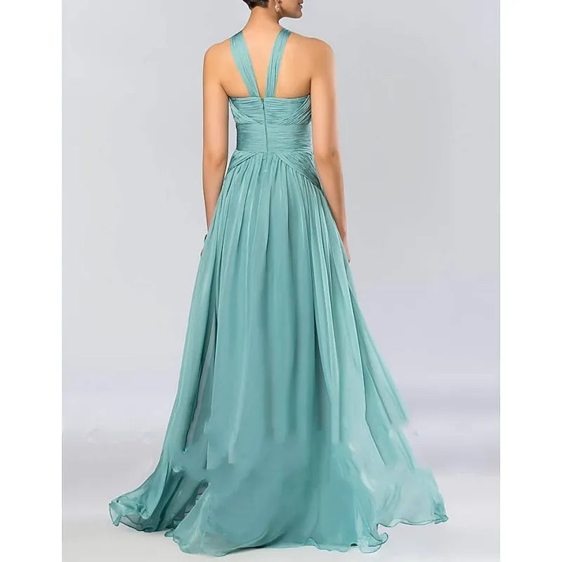 Sage Green Romantic A-line Halter Neck Sleeveless Ruched Maxi Prom Dress