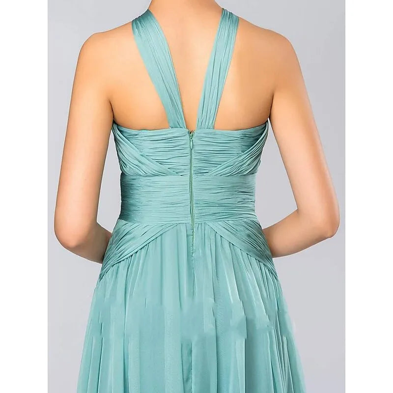 Sage Green Romantic A-line Halter Neck Sleeveless Ruched Maxi Prom Dress