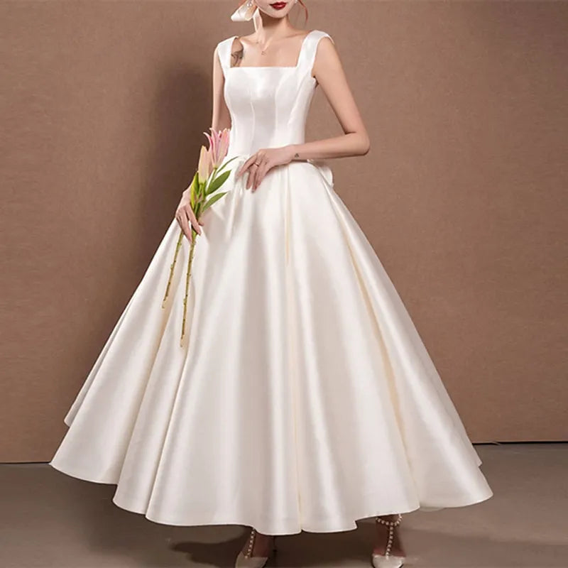 Ivory Romantic A-line Square Neck Sleeveless Bow-embellished Maxi Prom Dress for Women Custom