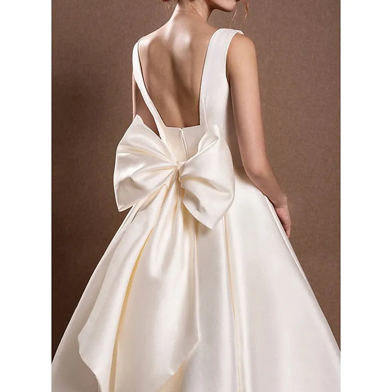 Ivory Romantic A-line Square Neck Sleeveless Bow-embellished Maxi Prom Dress for Women Custom
