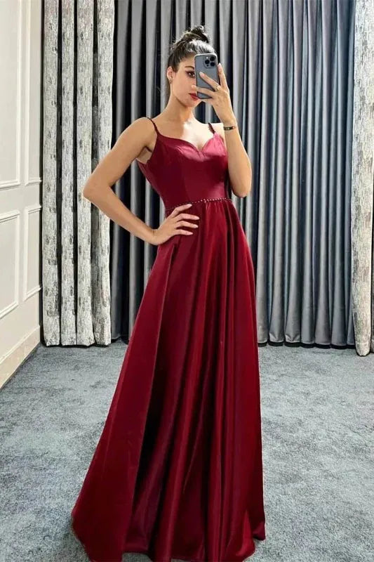 Burgundy Romantic A-line Sweetheart Sleeveless Beaded Floor-length Prom Dress