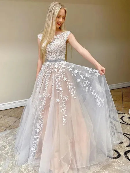 Romantic A Line Round Neck Cap Sleeve Floral Beaded Blush Train Prom Dress