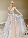 Romantic A Line Round Neck Cap Sleeve Floral Beaded Blush Train Prom Dress