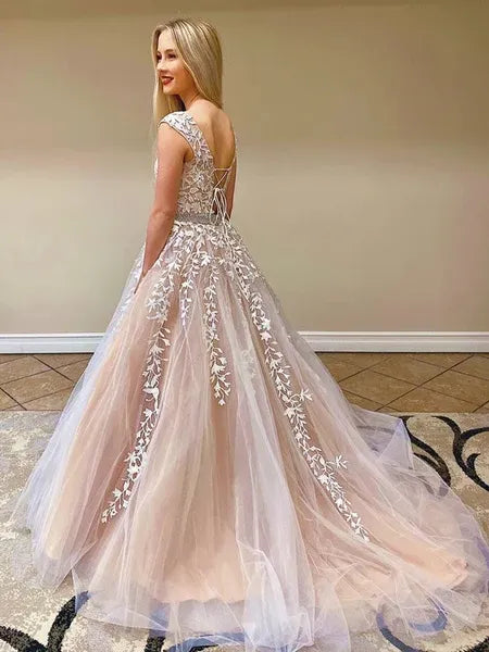 Romantic A Line Round Neck Cap Sleeve Floral Beaded Blush Train Prom Dress