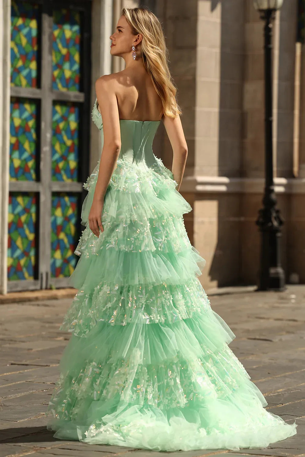 Mint Romantic A Line Strapless Bow Tie Mint Train Prom Dress With Slit