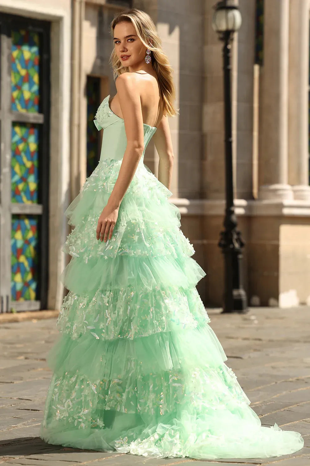 Mint Romantic A Line Strapless Bow Tie Mint Train Prom Dress With Slit