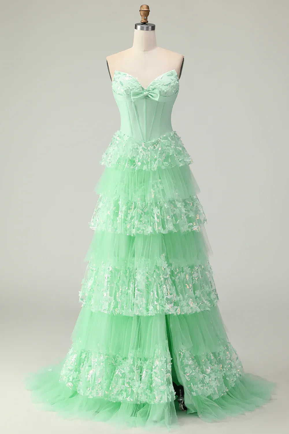 Mint Romantic A Line Strapless Bow Tie Mint Train Prom Dress With Slit