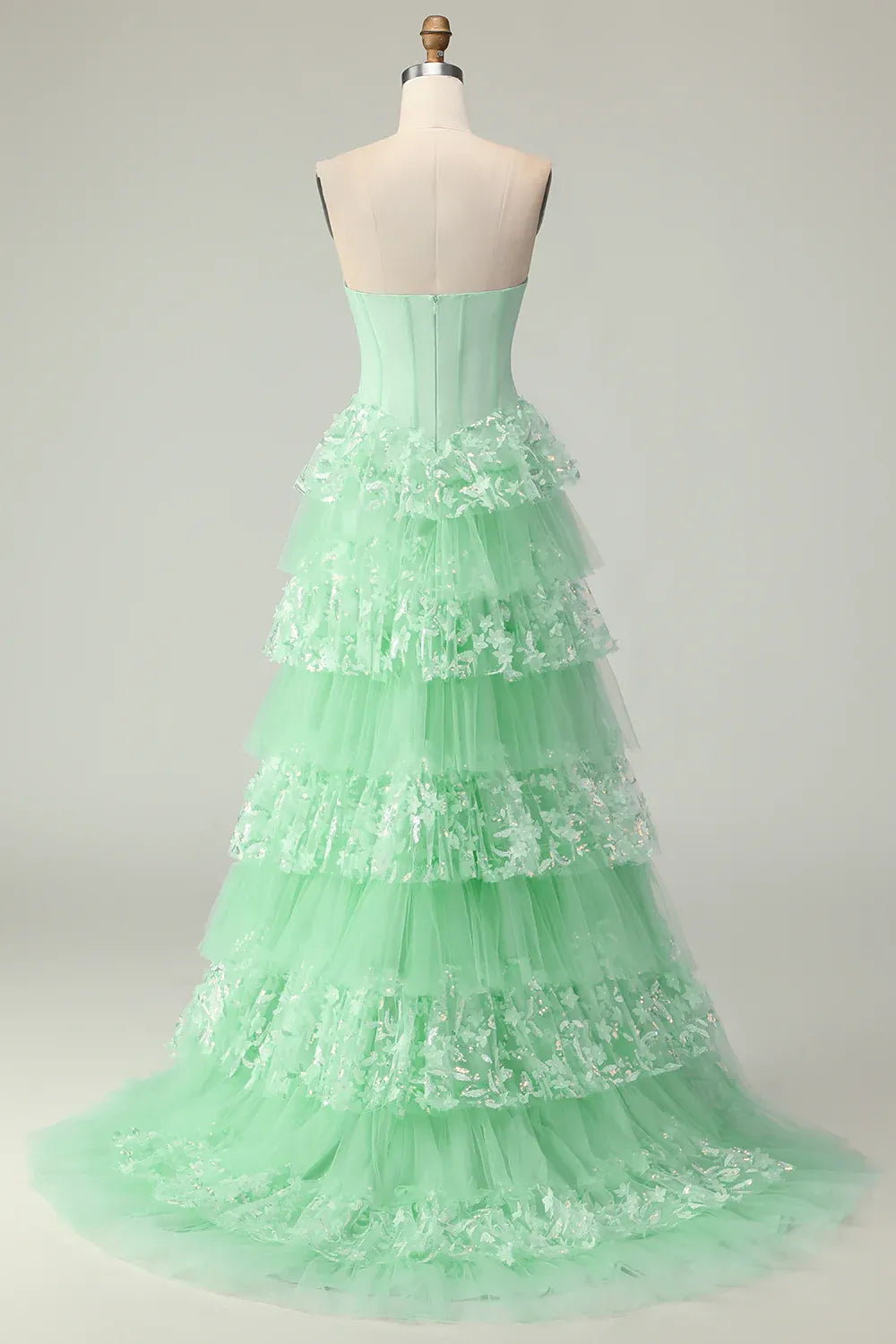 Mint Romantic A Line Strapless Bow Tie Mint Train Prom Dress With Slit