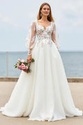 Graceful Stylish Refined Beautiful Elegant Ivory Tulle Long Sleeve Long Wedding Dress