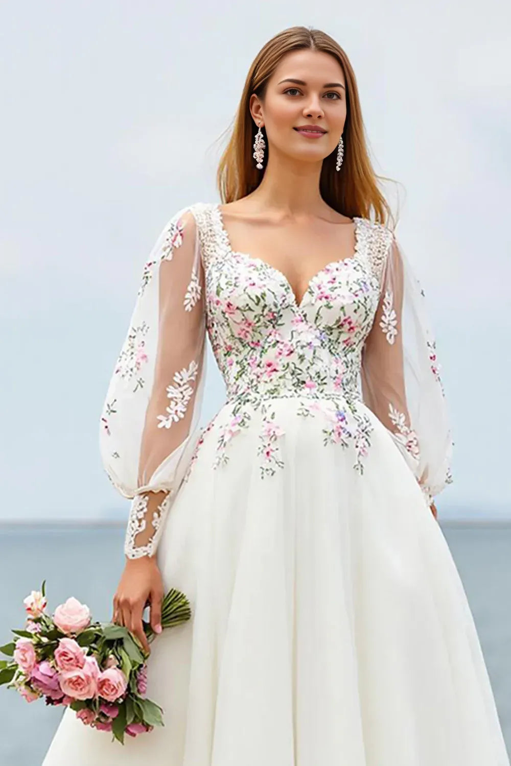 Graceful Stylish Refined Beautiful Elegant Ivory Tulle Long Sleeve Long Wedding Dress
