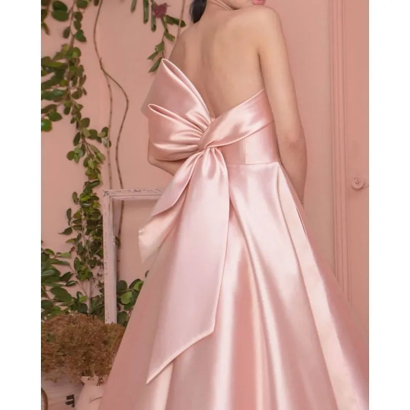 Dusty Pink Romantic Ball-Gown Strapless Sleeveless Bow-Back Dusty Floor-Length Prom Dress With Pocket