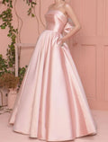 Dusty Pink Romantic Ball-Gown Strapless Sleeveless Bow-Back Dusty Floor-Length Prom Dress With Pocket