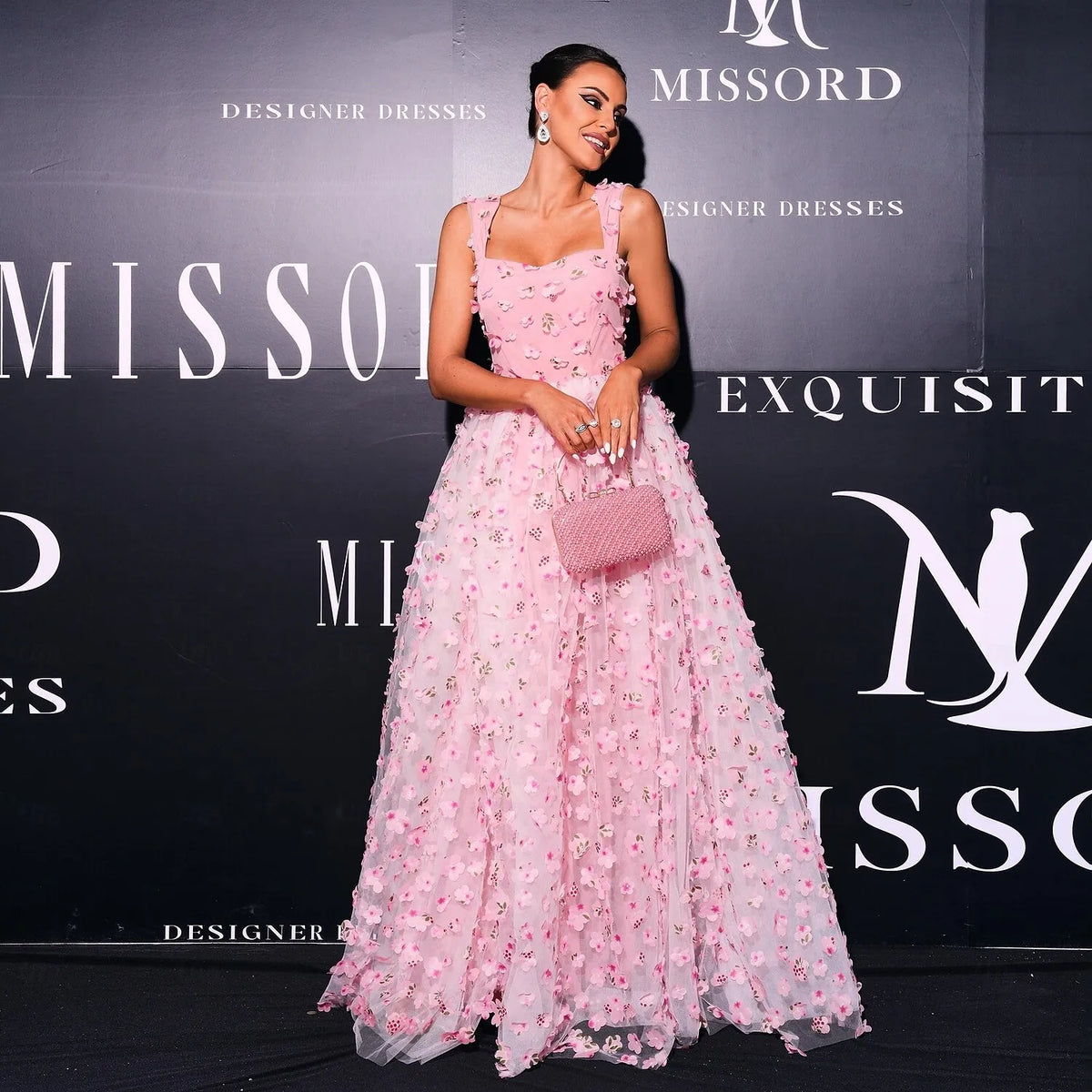 Pink Romantic A-Line Square Neck 3D Floral Applique Floor Length Evening Dress