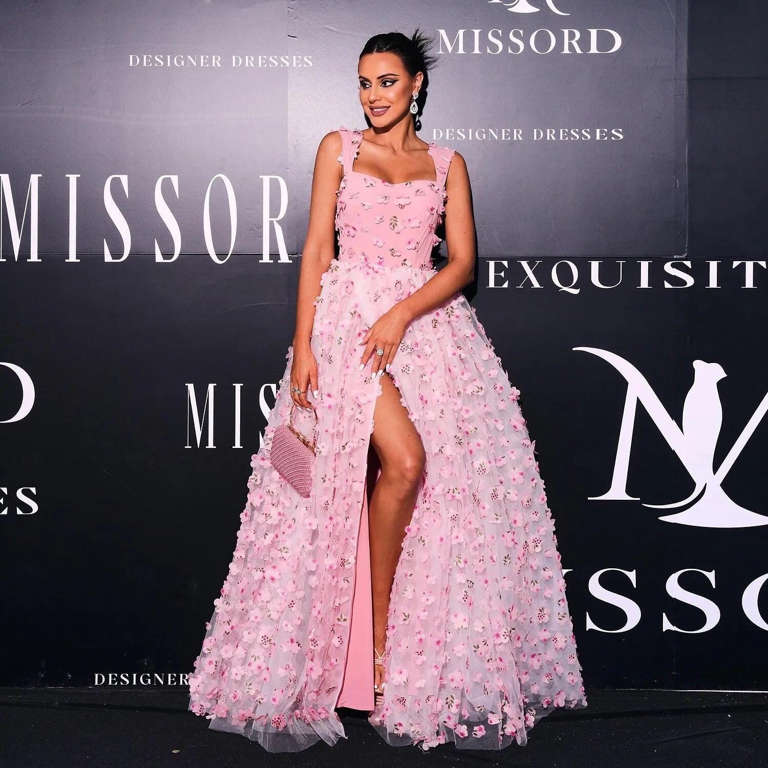 Pink Romantic A-Line Square Neck 3D Floral Applique Floor Length Evening Dress
