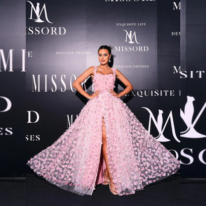 Romantic Pink Applique A-Line Square-Neck Classic-Sleeve Classic-Back Floor-Length Evening Dress