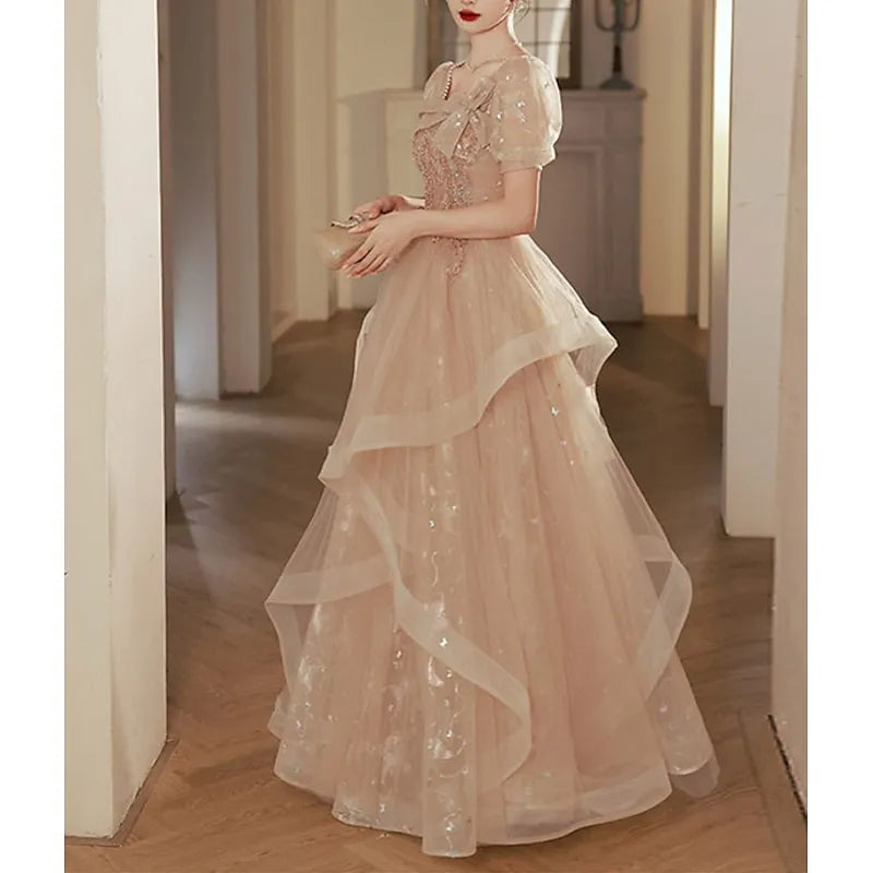 Romantic Ball Gown Square Neck Puff Sleeve Champagne Long Prom Dress For Women Hot Sale