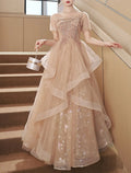 Romantic Ball Gown Square Neck Puff Sleeve Champagne Long Prom Dress For Women Hot Sale
