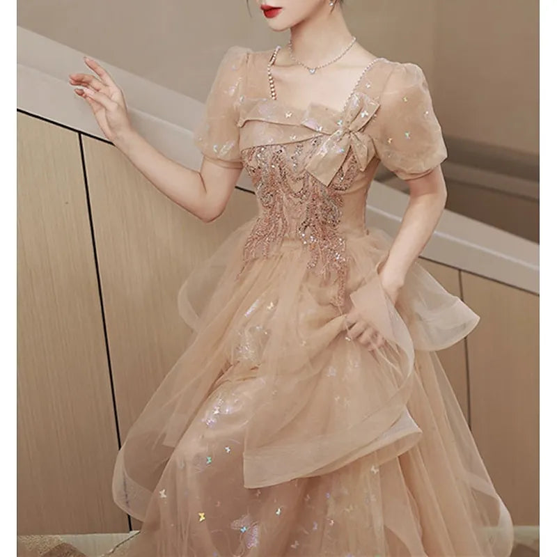 Romantic Ball Gown Square Neck Puff Sleeve Champagne Long Prom Dress For Women Hot Sale