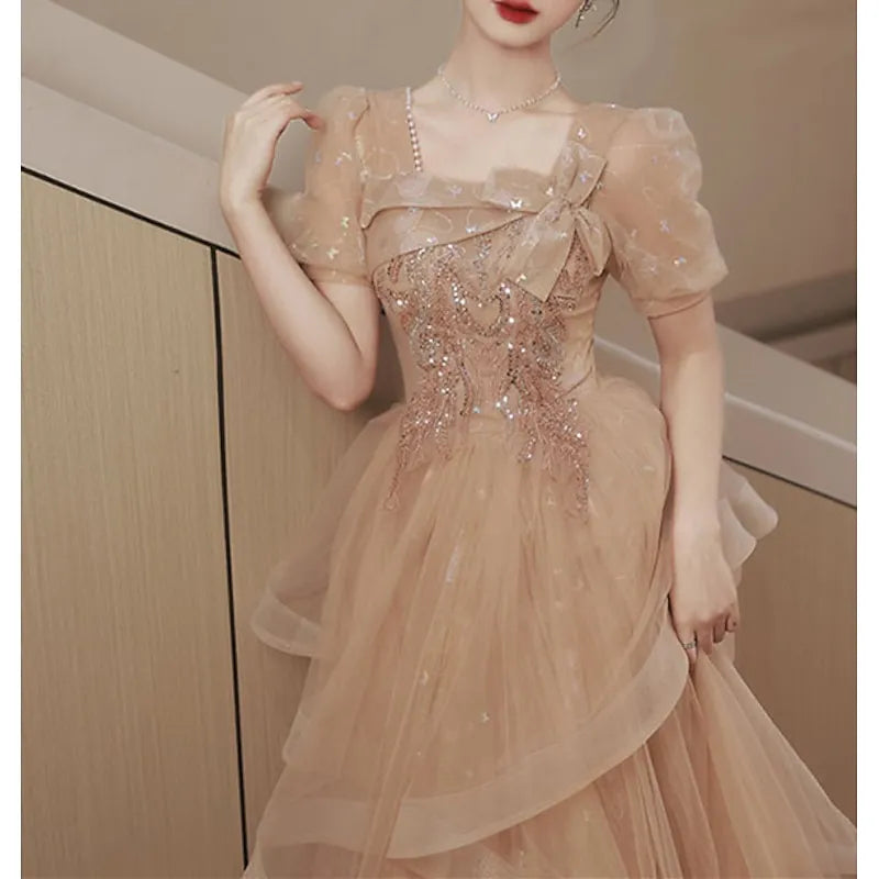 Romantic Ball Gown Square Neck Puff Sleeve Champagne Long Prom Dress For Women Hot Sale